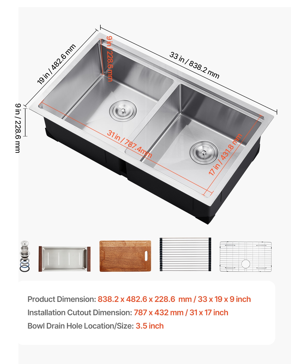 33" Kitchen Sink Undermount Double Bowl Drop-In Basin Stainless Steel Bar_voghion.com